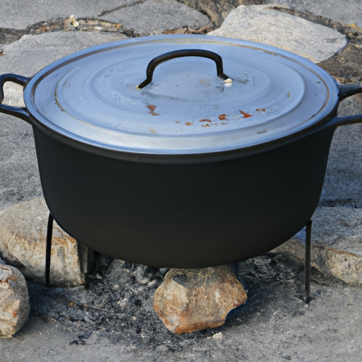 A Dutch oven placed over hot coals, ready for outdoor cooking adventures.