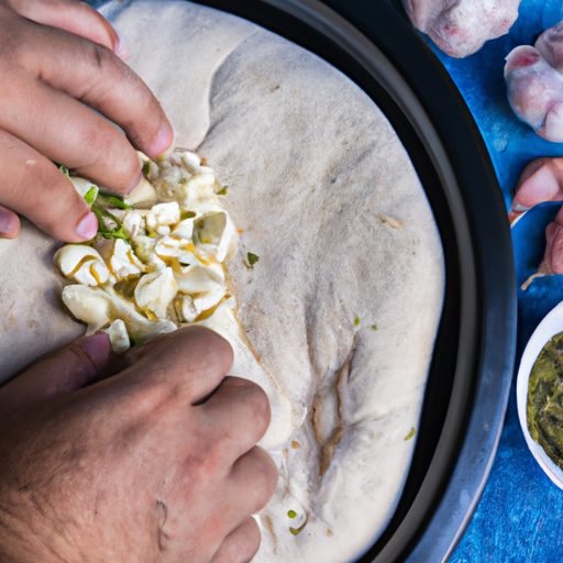 Hands kneading the dough for Dutch oven garlic bread, with minced garlic cloves nearby.