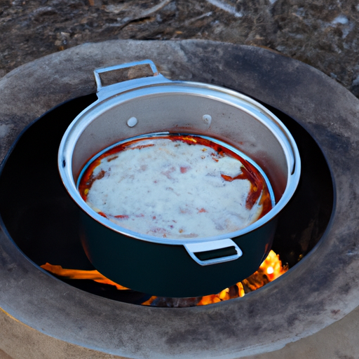 A Dutch oven placed over a campfire, ready to cook delicious pizza.